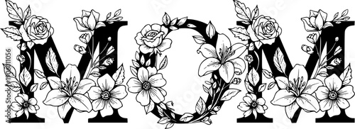 Floral MOM lettering typography design with flowers inside letters vector illustration black and white
