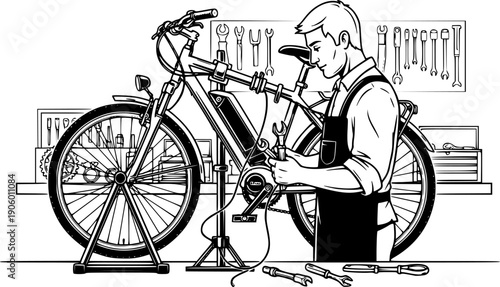 Electric bicycle mechanic man repairing e-bike in workshop vector icon
