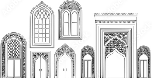 Art deco arch window and door frames, entrance doorways and gateway, vector architectural line drawing. Ancient classic architecture arch doors with arcs of Medieval temple, palace or mosque doorways