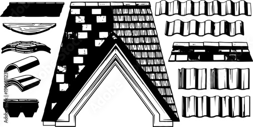 Black Roof Set with Gable Roof Shingles and Tiles for Construction and Architecture Design
