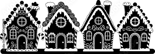 Four decorative gingerbread houses in a row silhouette
