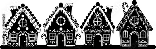 Four decorative gingerbread houses in a row silhouette
