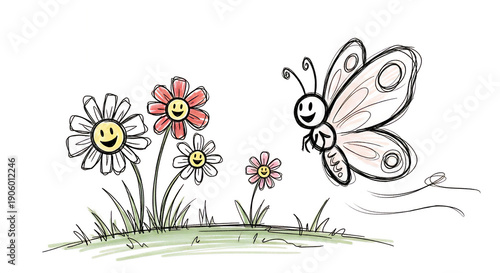 Wallpaper Mural butterfly and springtime flowers with happy faces loose sketch rough drawing style illustration Torontodigital.ca