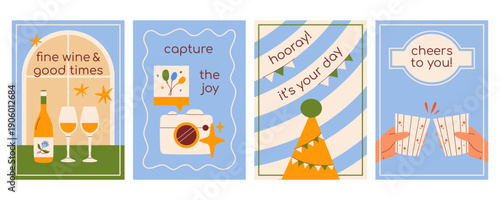 Festive birthday cards collection with wine bottles, glasses, camera with photo, party hat. Modern retro flat vector minimalist illustration set for adult celebration, dinner party, journey