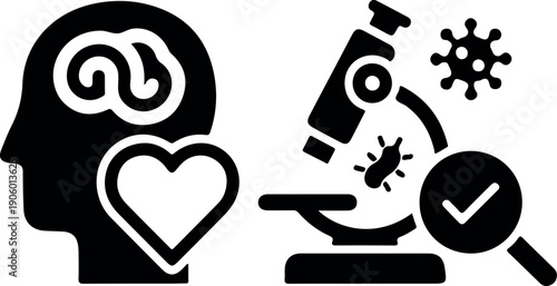Creative scientist or doctor silhouette with love heart brain research magnifying glass and chemistry icons flat vector illustration concept
