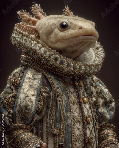 Anthropomorphic Axolotl Prince Wearing Ornate Renaissance Costume