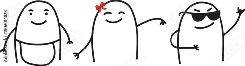 Minimalist doodle three characters: chef cooking, girl walking and playboy boy