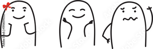 Minimalist doodle three kids scene with girl watching, happy boy and confused boy