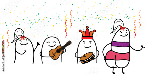 Minimalist doodle Brazilian carnival illustration with people singing and dancing