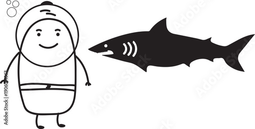 Minimalist doodle scene of people diving with sharks