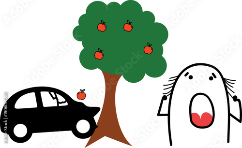 Minimalist doodle man desperate after crashing his car