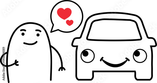 Minimalist doodle man standing next to his beloved car