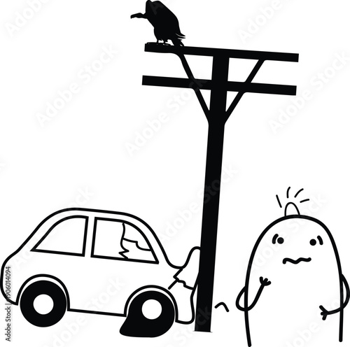 Minimalist doodle man desperate after crashing his car