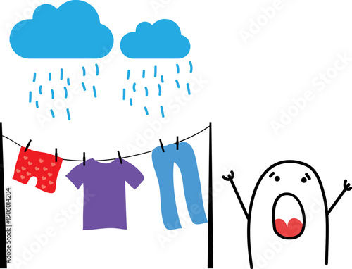 Funny minimalist doodle character desperate with rain on clothesline