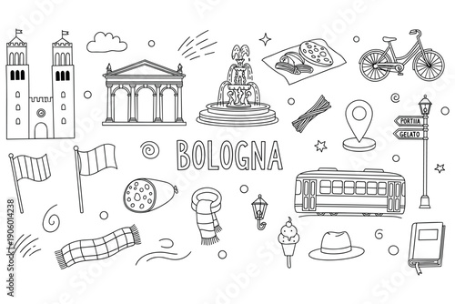 Bologna landmarks and culture: icons and symbols illustrated in black and white
