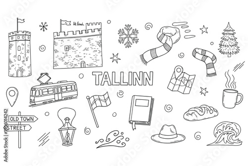 Doodle art of tallinn landmarks and winter symbols