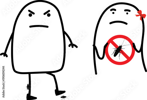 Funny minimalist doodle character stepping on a cockroach in forbidden area