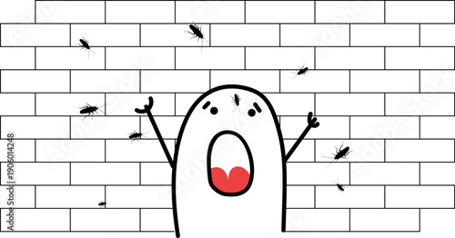 Funny minimalist doodle character terrified by cockroaches everywhere