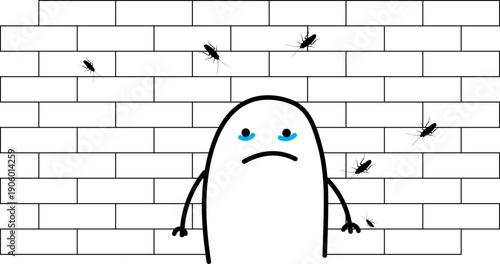 Minimalist doodle character crying in anger surrounded by cockroaches