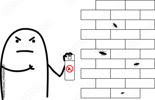 Minimalist doodle character killing a cockroach with spray