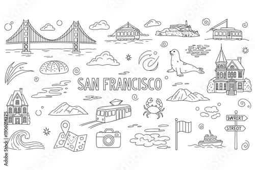 San francisco landmarks and icons: golden gate, cable cars, sea lion, alcatraz, victorian houses