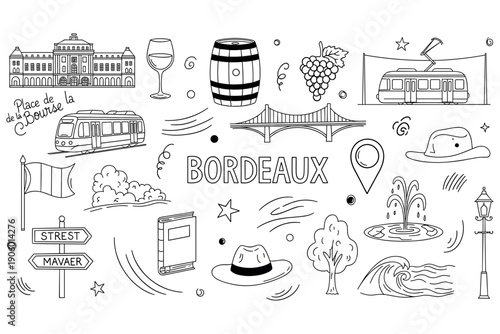 Doodle art of bordeaux icons: wine, trams, landmarks, and nature