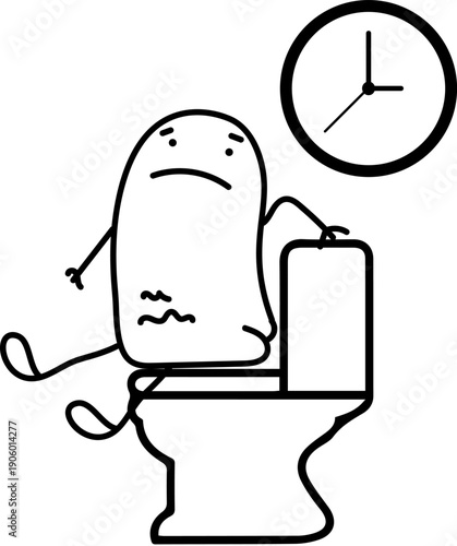 Funny minimalist doodle character sitting on toilet for hours with constipation