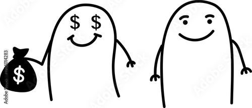 Minimalist doodle happy character holding a bag of money