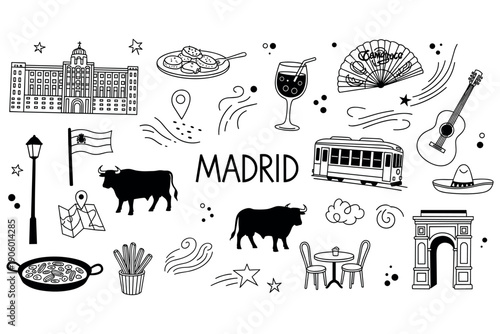Madrid icons: landmarks, cuisine, culture, and transportation illustrated in black and white