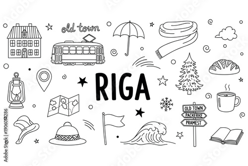 Riga outline icons: tram, scarf, map, and coffee