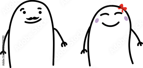 Cute minimalist doodle happy couple with mustache man and woman with bow