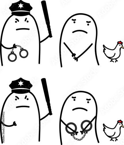 Minimalist doodle police officer arresting a dangerous chicken thief
