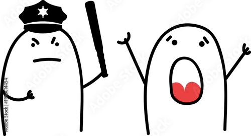Minimalist doodle police officer holding baton while citizen shouts