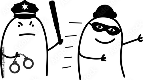 Minimalist doodle police officer chasing a criminal