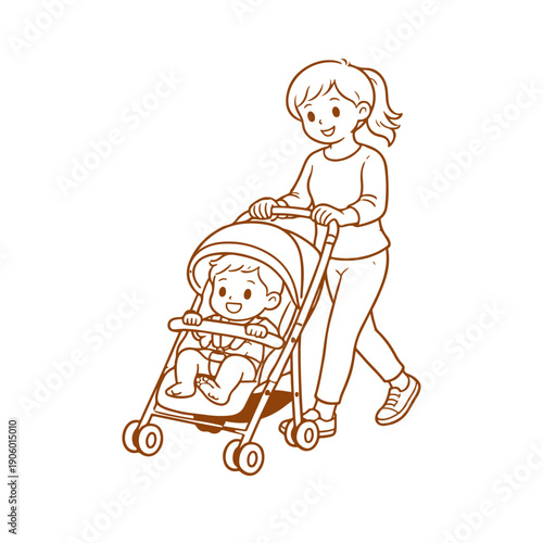 Mom is pushing a stroller vector illustration on a white background Vector illustration on a white background
