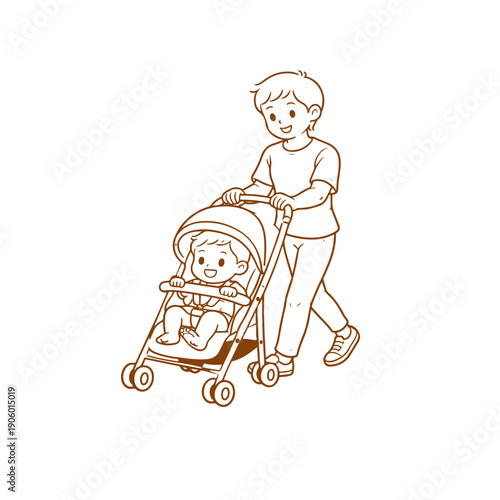 Dad is pushing a stroller vector illustration on a white background Vector illustration on a white background