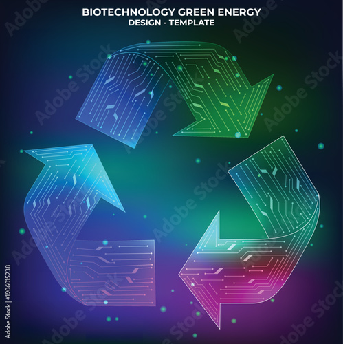 Colourful Recycling symbol formed by floating digital particles and bright emerald neon electrical circuits. high-tech science fiction design, ecology, sustainability, glowing multicolored element. 