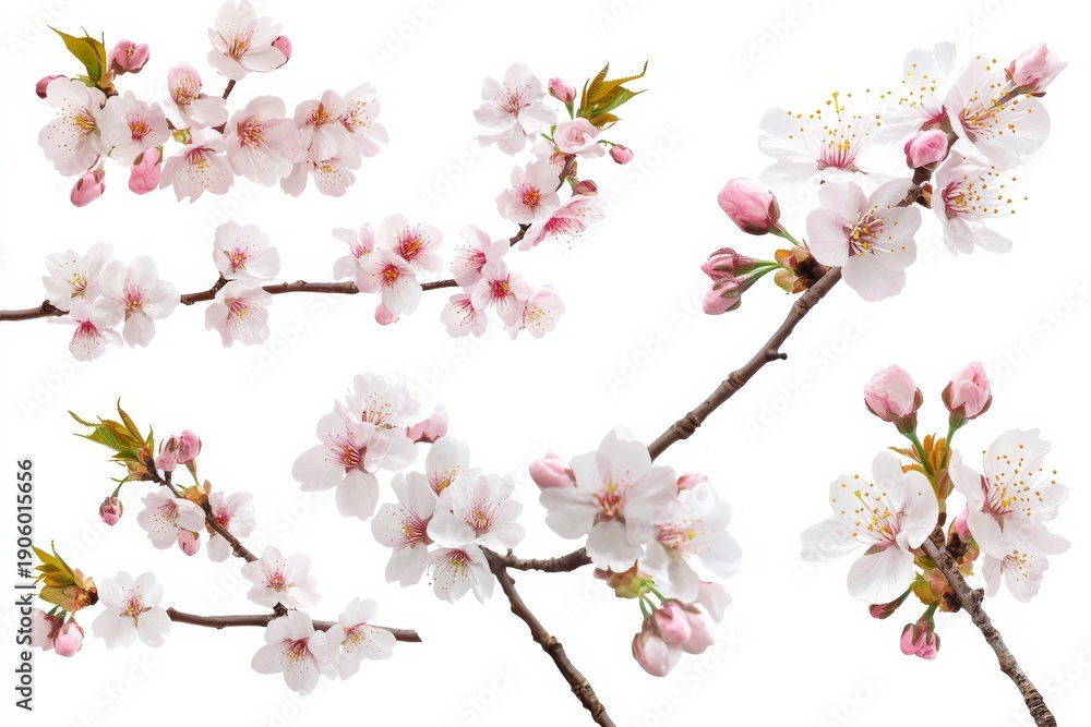 Fototapeta premium Set of cherry blossoms with soft pink petals and branches on a white background for floral design or decoration