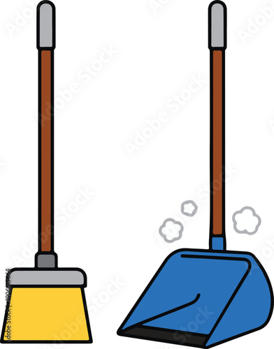 Broom and dustpan set, clean line art vector illustration
