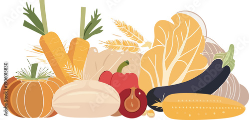 Flat vector vegetable harvest set: tomatoes, carrots, lettuce, cucumbers, peppers, zucchini. Textured style, rich natural colors, simple shapes, cozy farm aesthetic, isolated elements.