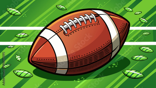 Very beautiful close-up of an American football on green turf, symbolizing college sports culture, teamwork, competition, and the energetic spirit of campus athletic life.