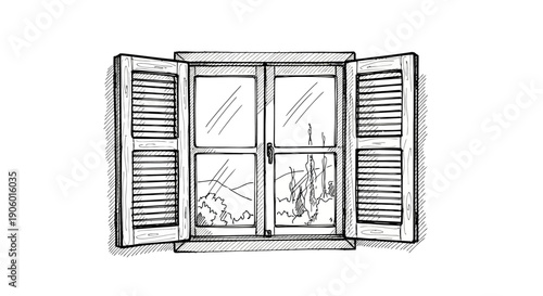 Hand Drawn Sketch of Open Wooden Window Shutters with View of Nature Landscape