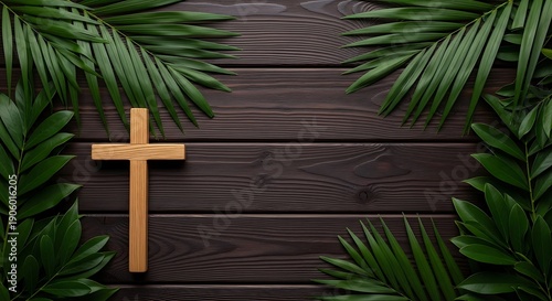 Easter background with cross and palm branches on wooden table, religious holiday