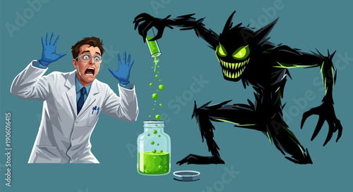 Mad scientist in lab coat scared by green glowing monster with chemical potion, vector illustration