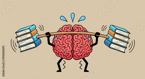 Vector cartoon brain character lifting barbell made of books, sweating, representing education, learning, intelligence, and mental strength