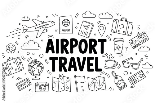 Airport travel doodle: icons of adventure and exploration