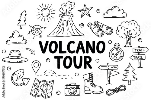 Volcano tour icons: adventure equipment and nature elements in black and white doodles