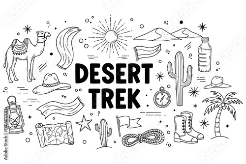 Desert trek illustration with camel, cactus, compass, and map icons