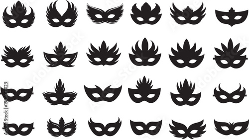Diverse array of stylized black decorative masks, perfect for festive occasions and elegant masquerade themes