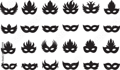 Collection of black carnival masks, Venetian masquerade party masks, simple icons